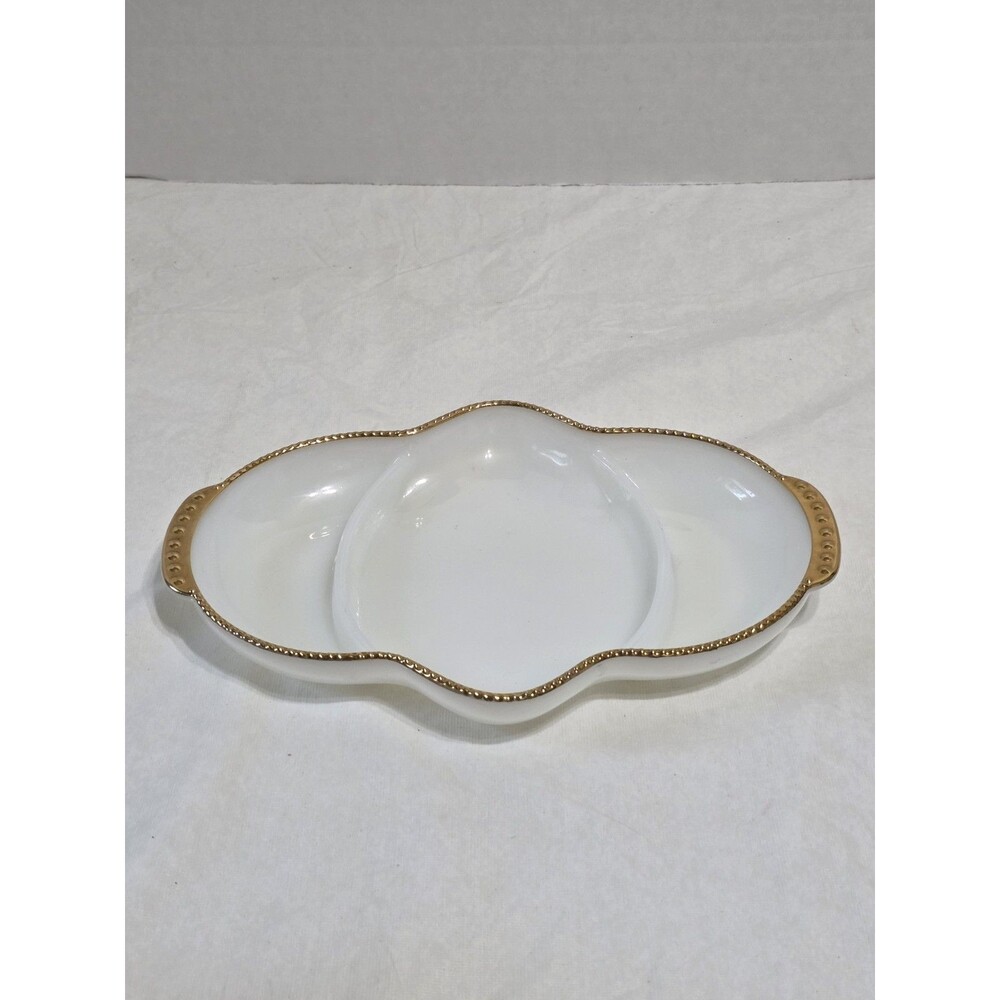 Fire King Oven Ware Platter White Glass w\ Gold Trim Made in USA